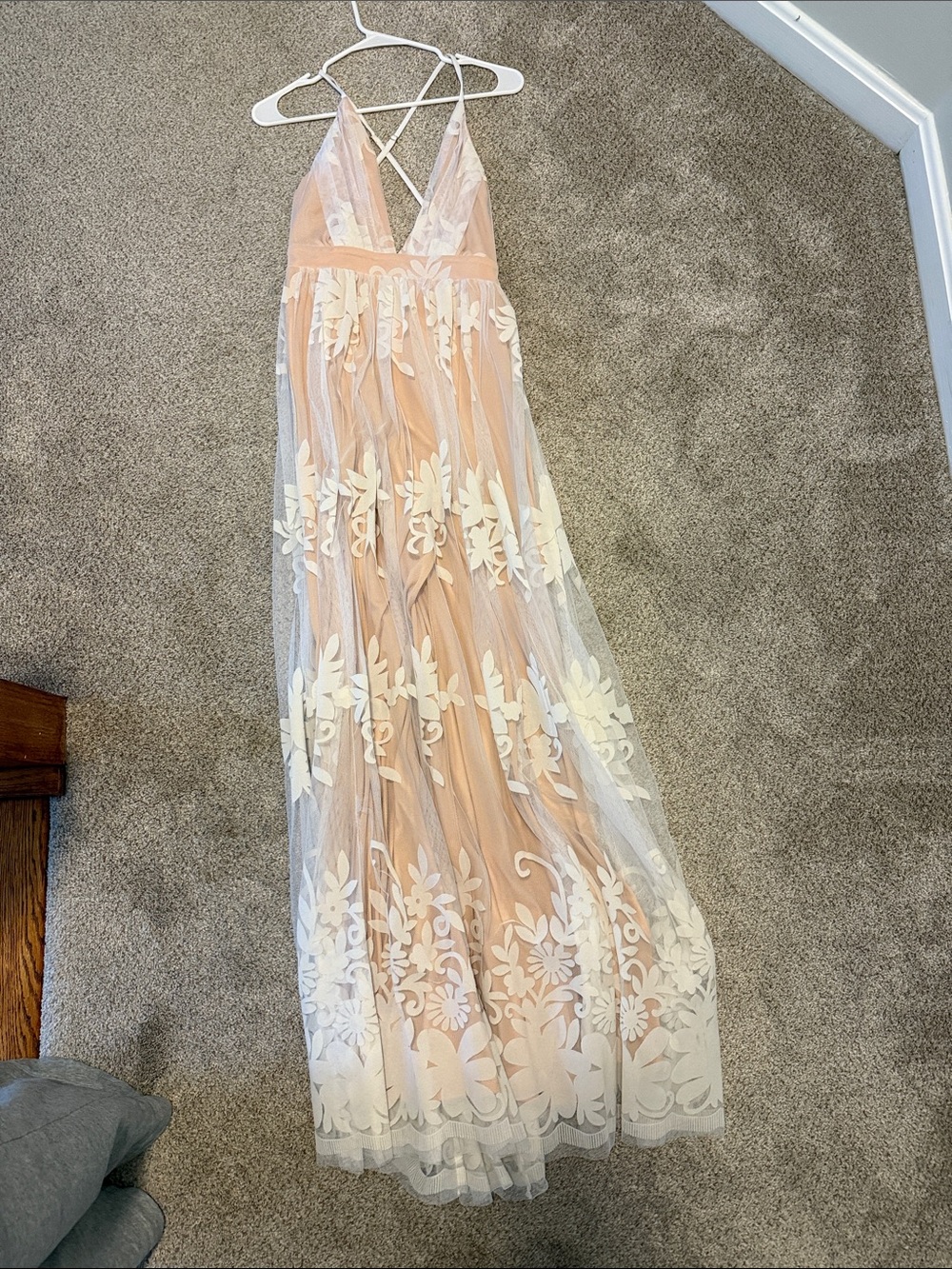 Luxxel Peach Maxi Dress with White Floral Lace